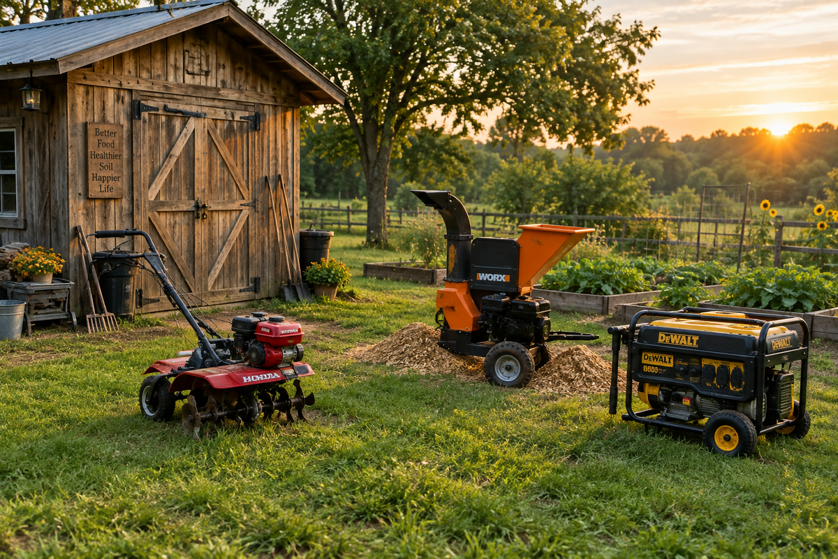 A Practical Homestead Setup: Choosing a Shed, Tiller, Chipper, and Generator