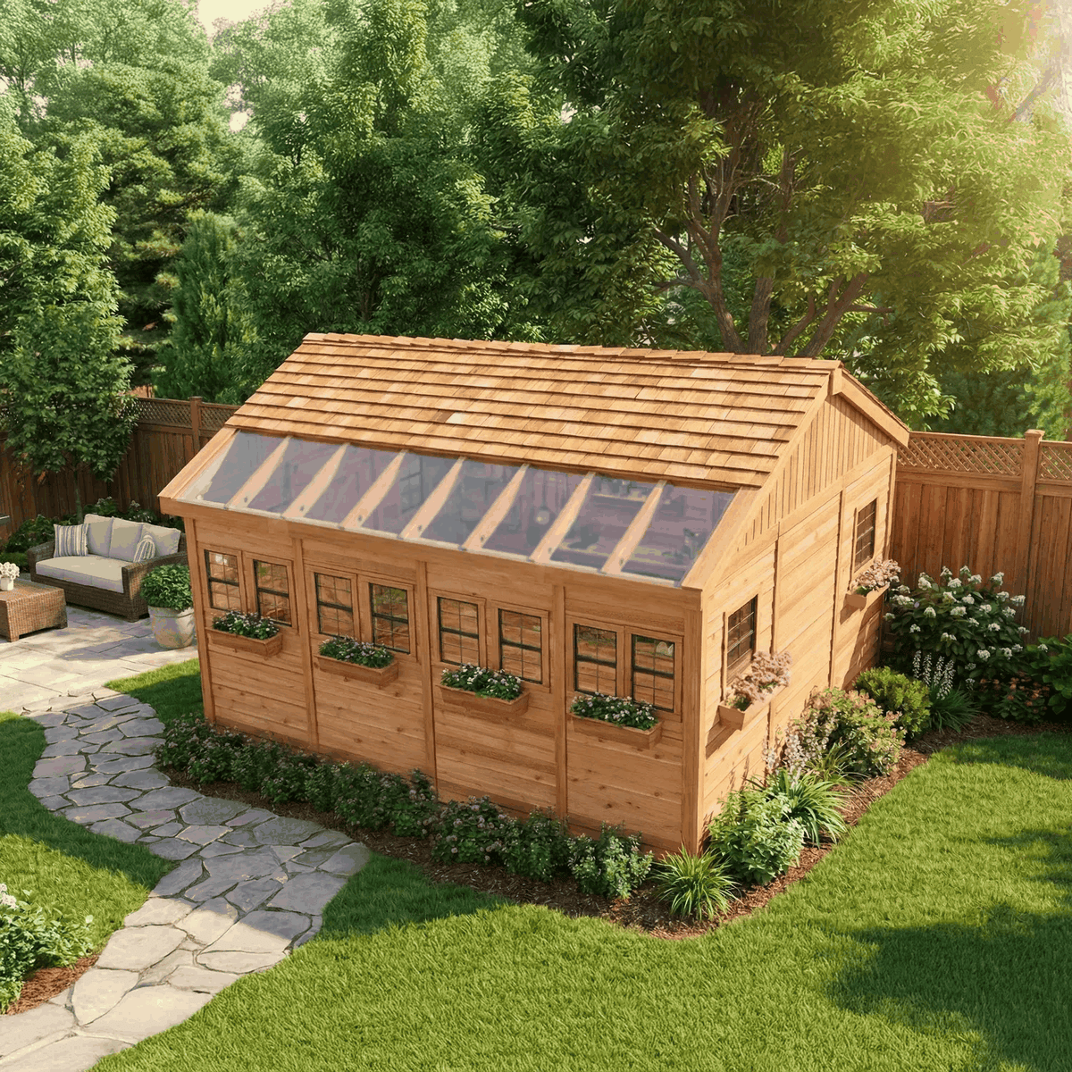 12x16 cedar shed with warm cedar siding, shingle roof, greenhouse windows, flower boxes, and translucent roof panels