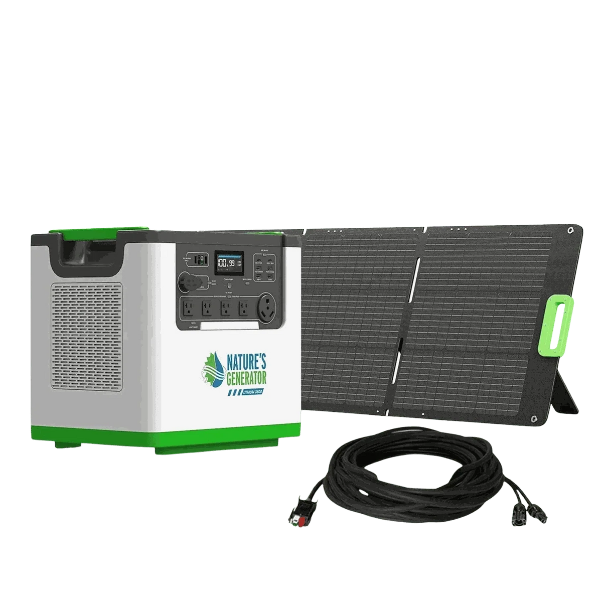 3600W power output portable solar generator with white and green casing, LCD display, folding solar panel and cable