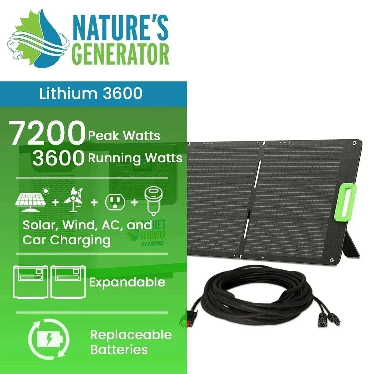 3600W power output portable solar generator with black folding solar panel, charging cable, and expandable lithium battery