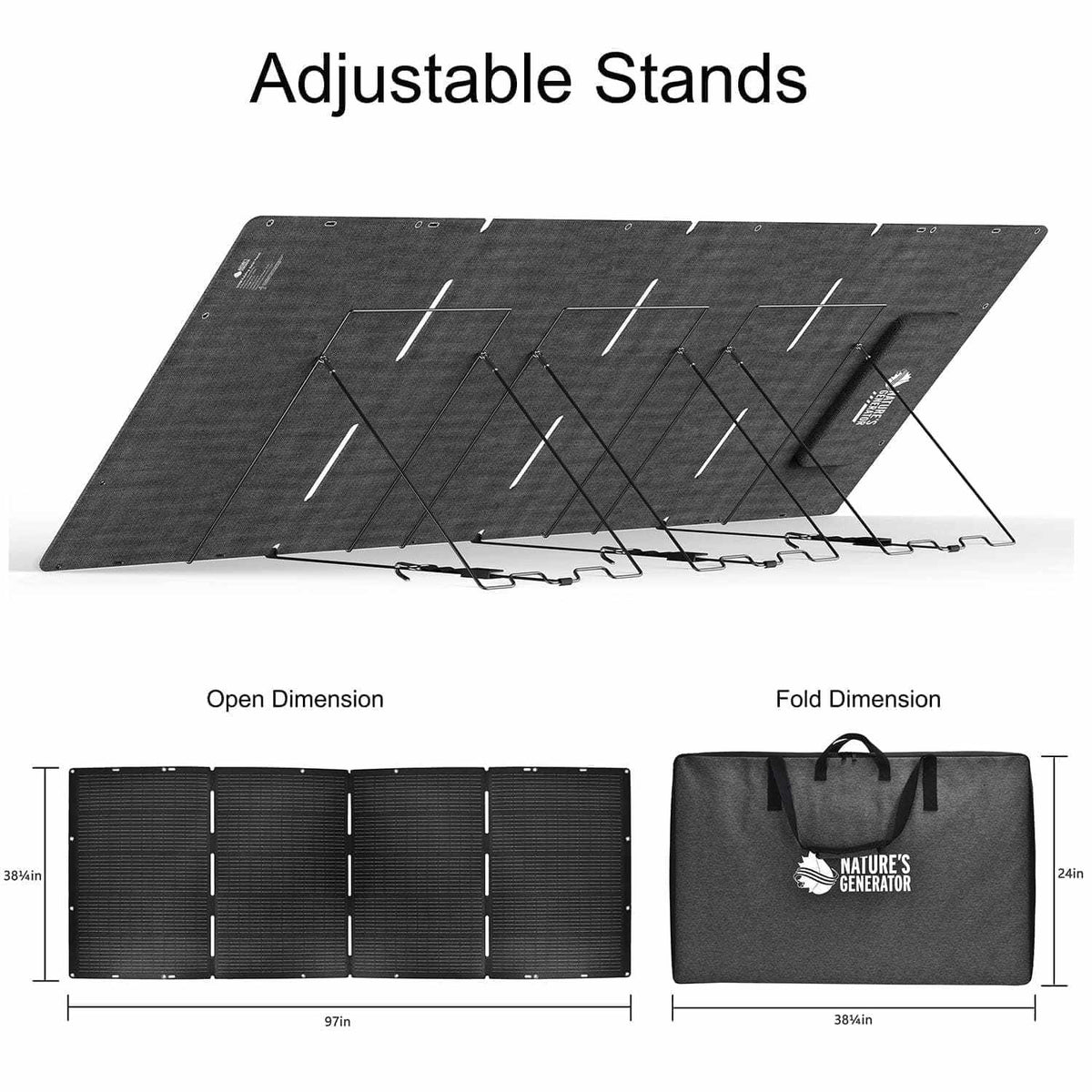Solar panel kit with adjustable stands, black folding panels and branded carrying case, 3600W power output