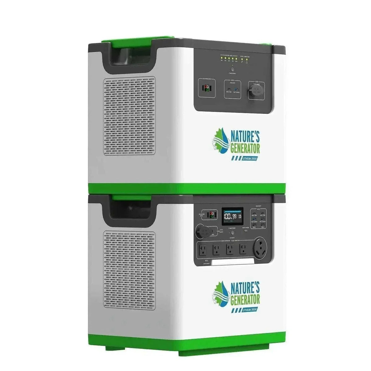Portable lithium power generator with 3600W power output, stacked gray units with green trim, displays, vents, and outlets