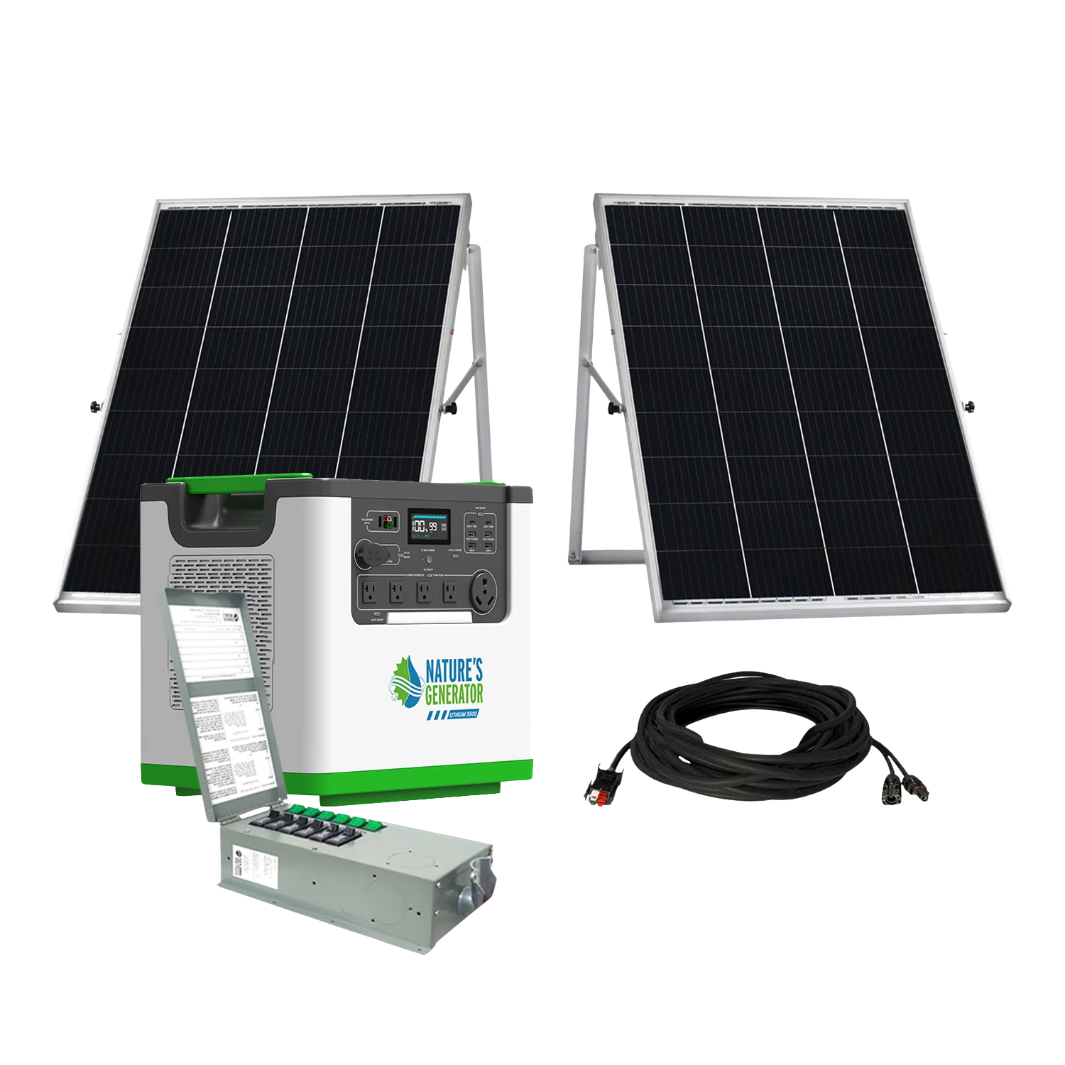 Nature's Generator Lithium 3600 + 2x 100W panels + 6 circuit transfer switch