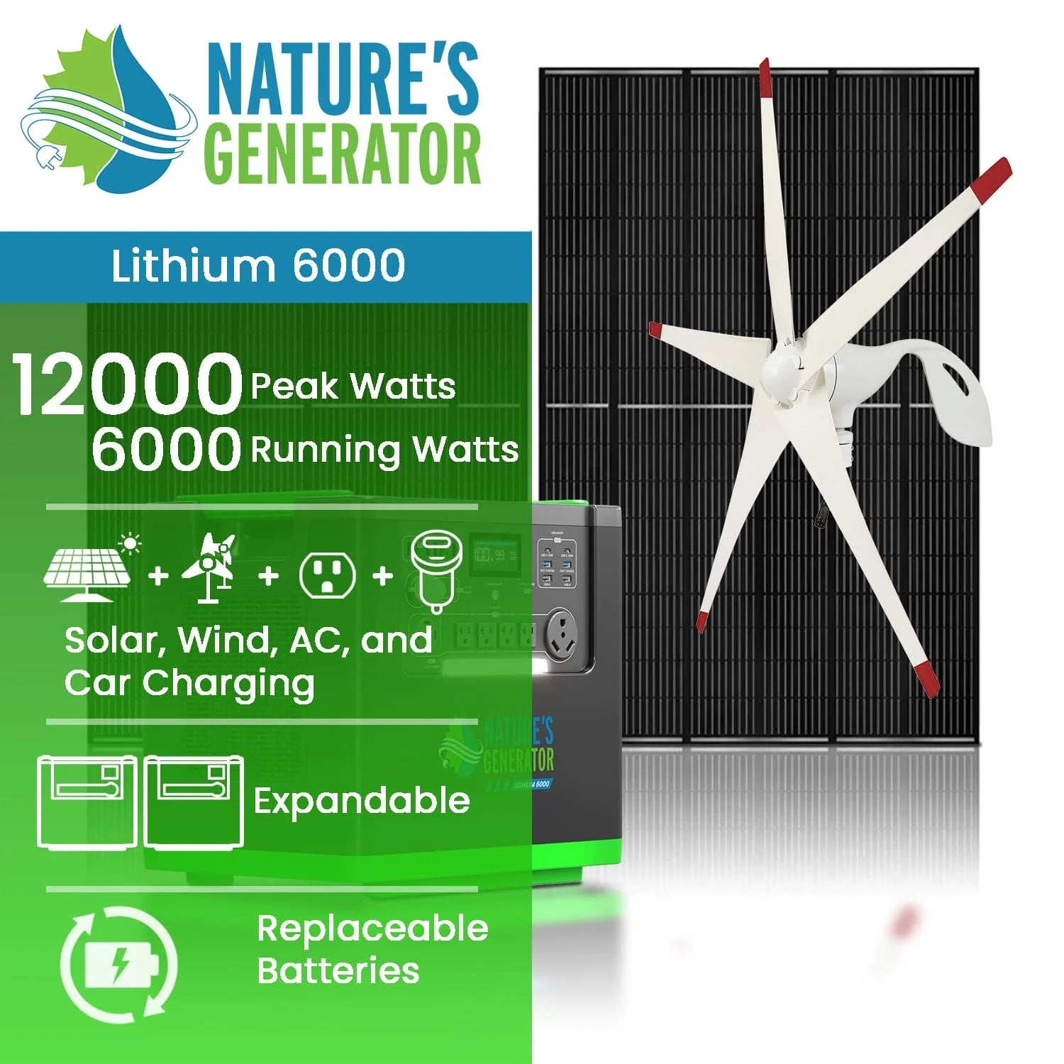 Nature's Generator Lithium 6000 + 2x 410W rigid panels + wind turbine