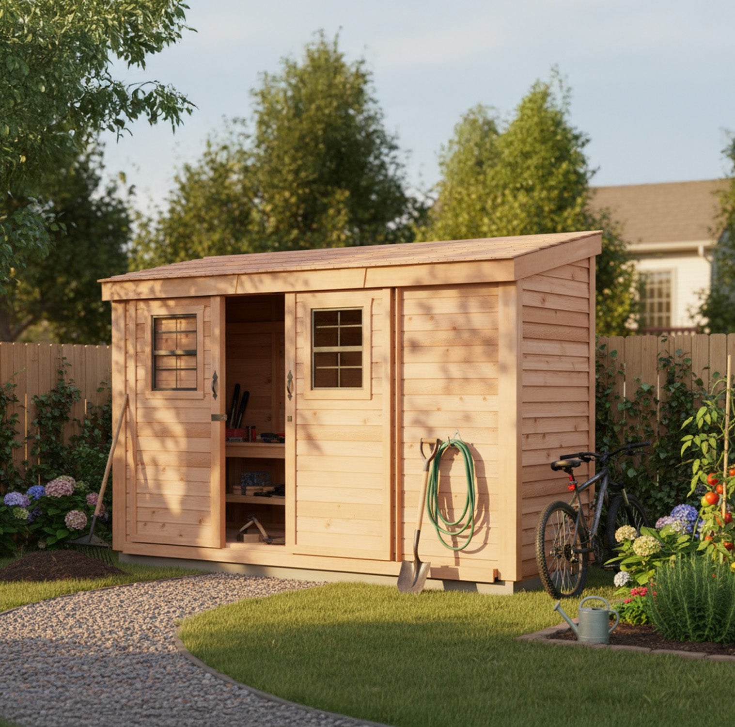 Outdoor Living Today 12x4 Western Red Cedar Spacesaver Shed Sliding Doors with Cedar Roof