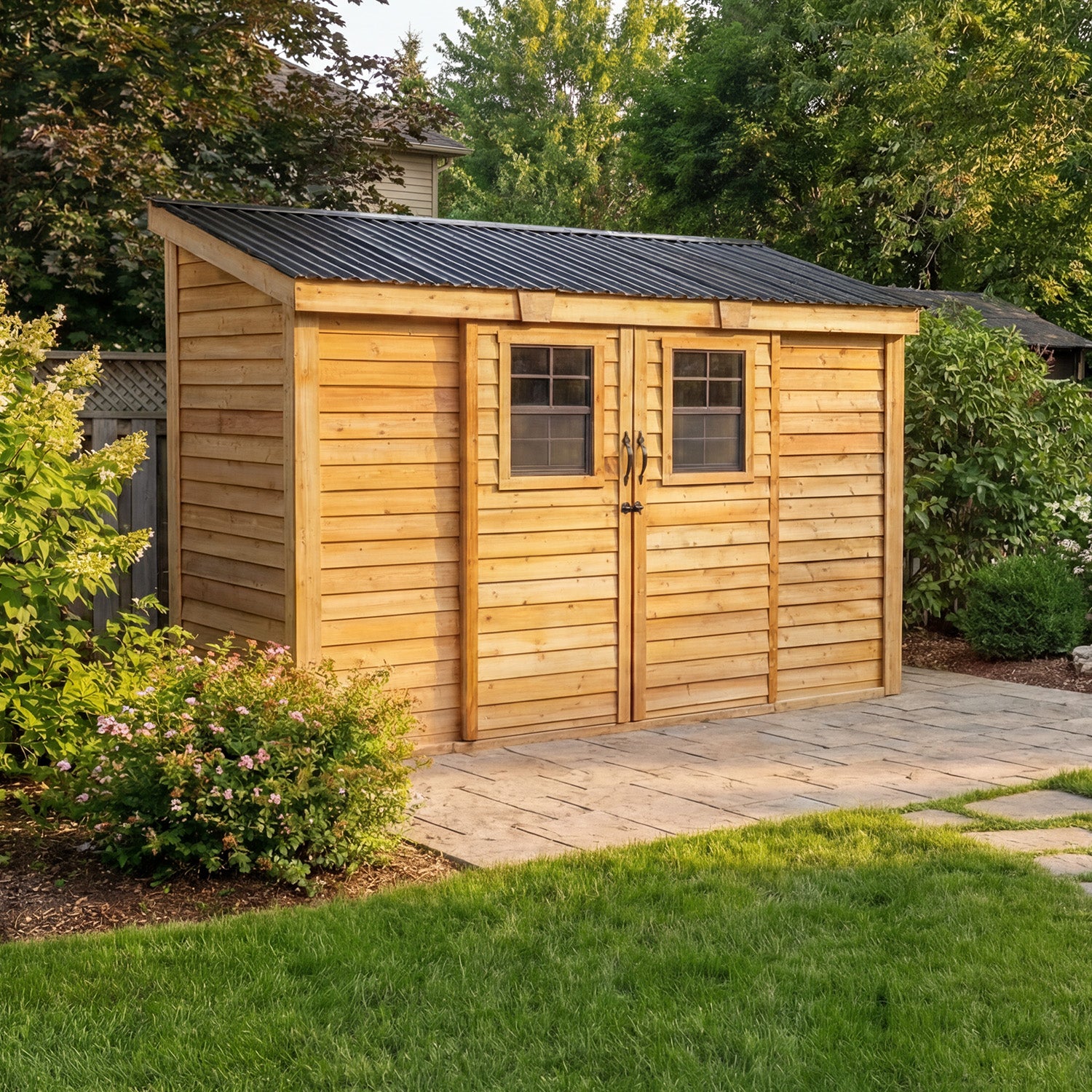 Outdoor Living Today 12x4 Western Red Cedar Spacesaver Shed Sliding Doors with Cedar Roof
