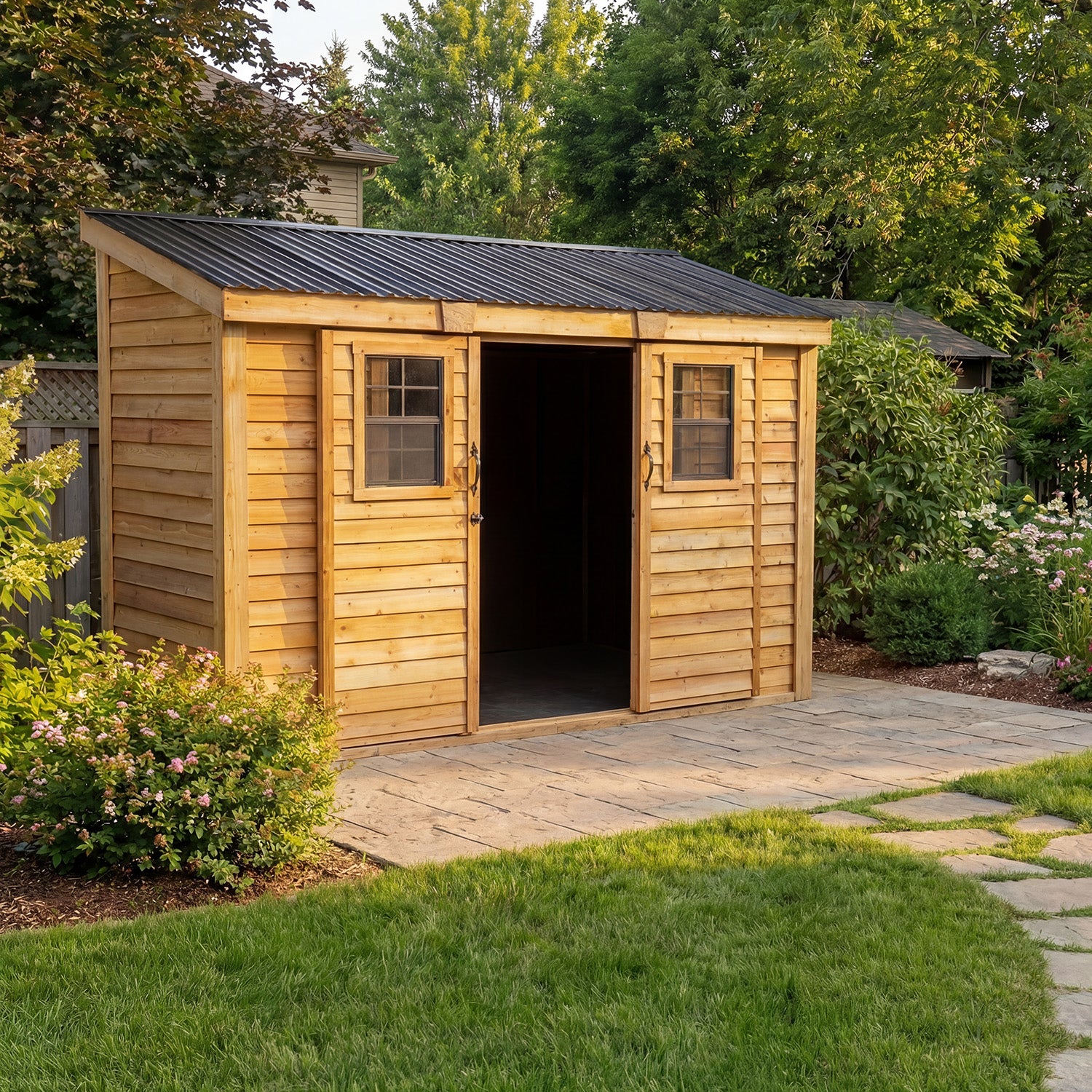 Outdoor Living Today 12x4 Western Red Cedar Spacesaver Shed Sliding Doors with Cedar Roof