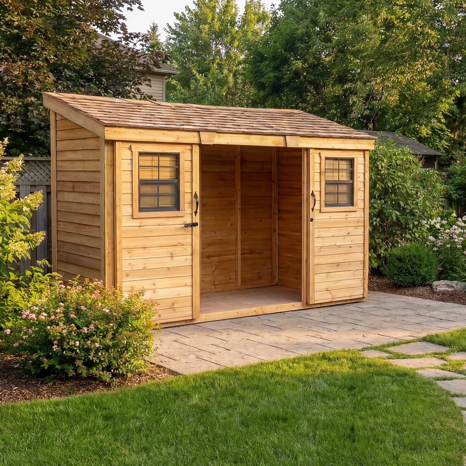 Outdoor Living Today 12x4 Western Red Cedar Spacesaver Shed Sliding Doors with Cedar Roof