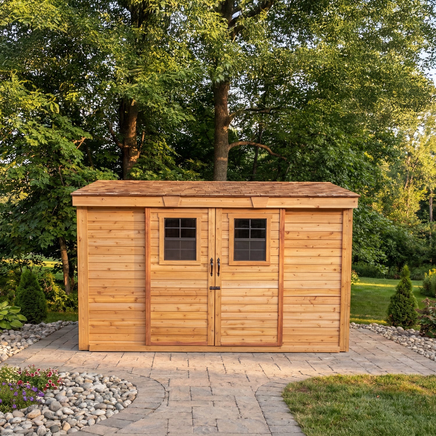 Outdoor Living Today 12x4 Western Red Cedar Spacesaver Shed Sliding Doors with Cedar Roof