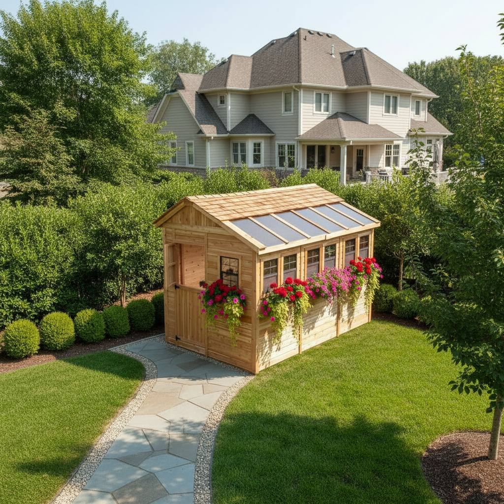 Cedar Sunshed Garden Shed in natural cedar with sloped roof, translucent panels, windows, and flower boxes