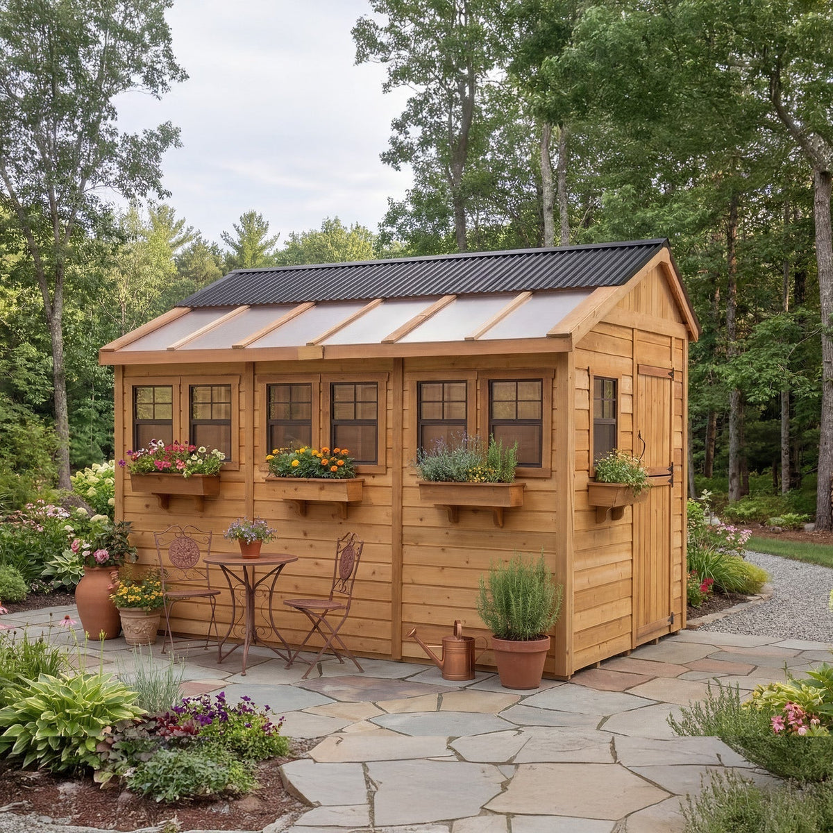 Cedar Sunshed Garden Shed in natural cedar with black roof, translucent panels, screened windows, and flower boxes