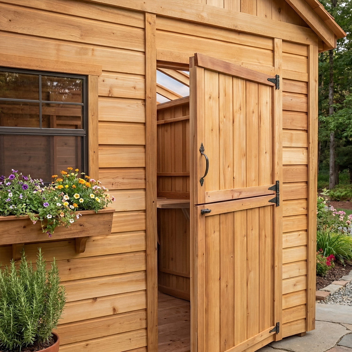 Cedar Sunshed Garden Shed in warm Western red cedar with horizontal siding, Dutch door, window, and flower box