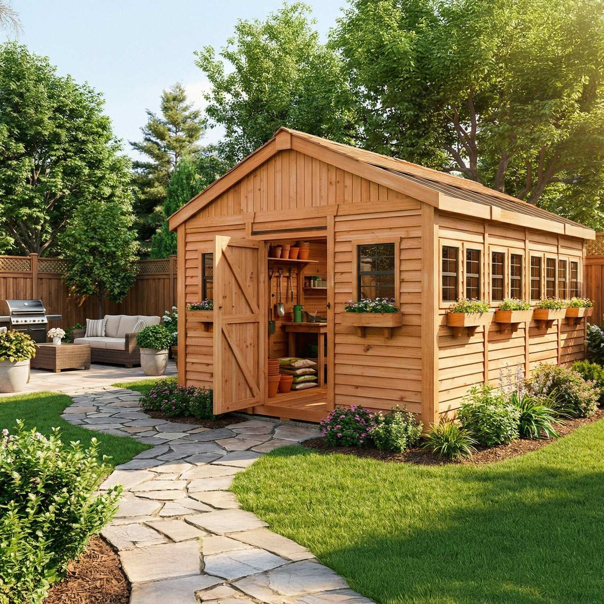 Customizable outdoor shed in warm Western red cedar with Dutch door, flower boxes, windows, and gabled roof
