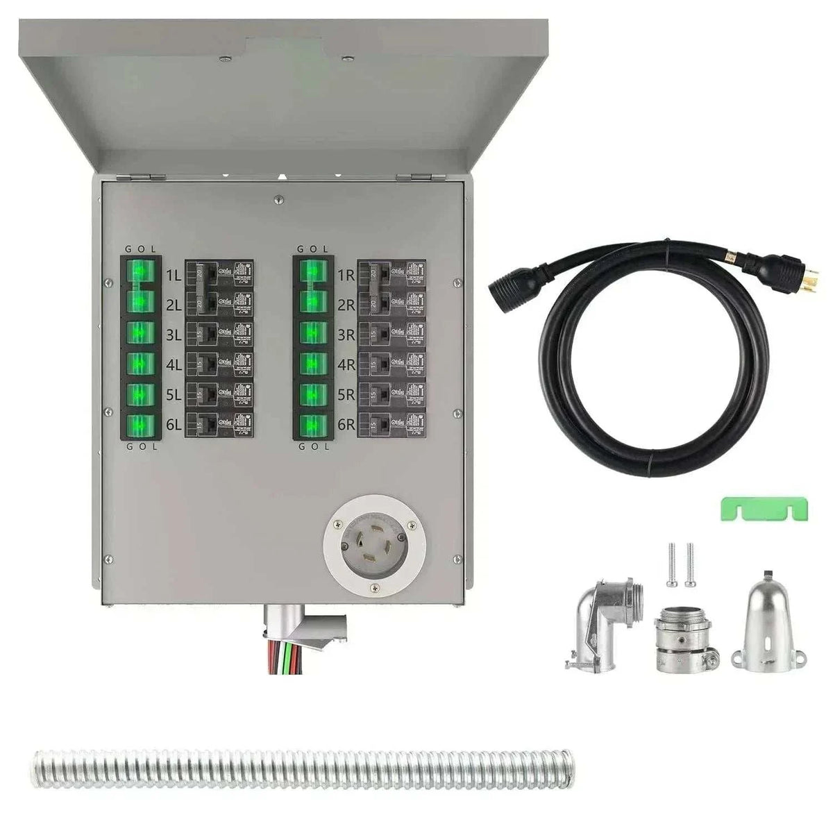 metal 12-circuit transfer switch panel with protective cover, green LED indicators, black power cable, and mounting accessories for home backup power