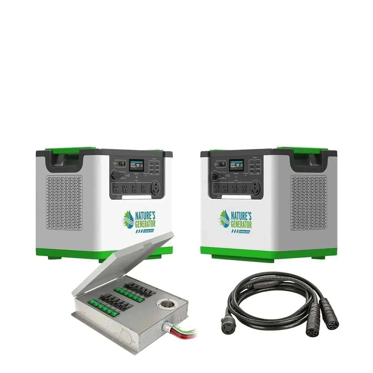 Nature's Generator home backup power system with two grey and green lithium battery units, digital display panels, 12-circuit transfer switch, and black connection cable