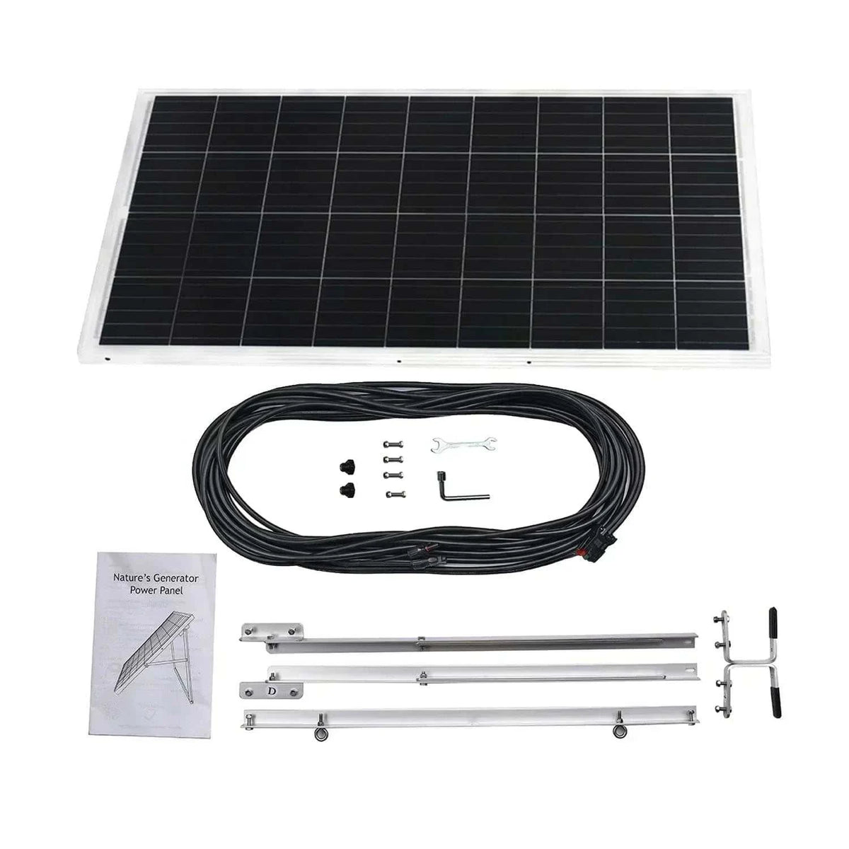 Nature's Generator Lithium 3600 solar panel kit with one black solar panel, mounting brackets, cables, screws, and instruction manual