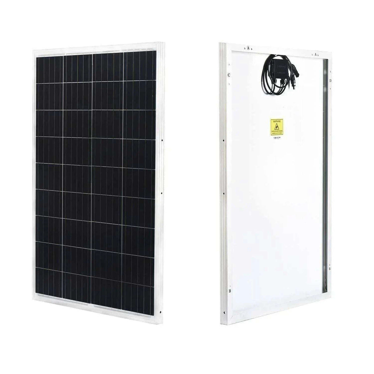 Nature's Generator Lithium 3600 black solar panels with aluminum frames and attached cables, front and back views