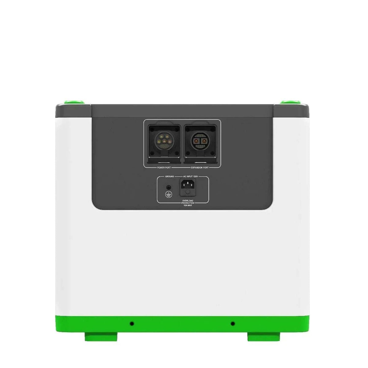 Nature's Generator Lithium 3600 portable power station in white and green with black connection ports and control panel on front