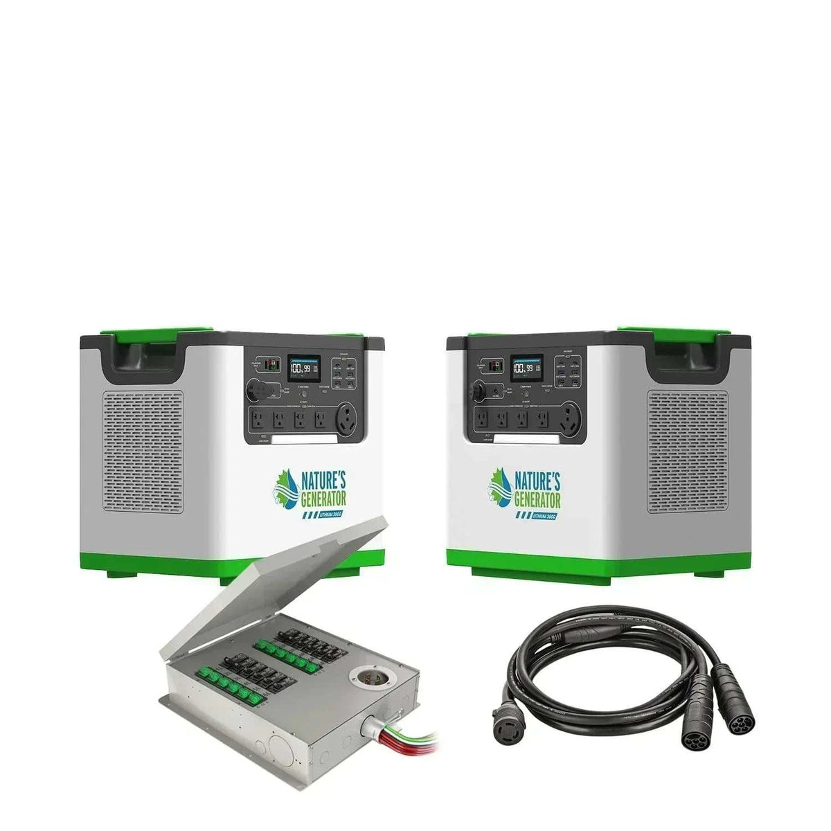 Nature's Generator Lithium 3600 portable power stations in white and green with digital display, a 6 circuit transfer switch, and a power cable