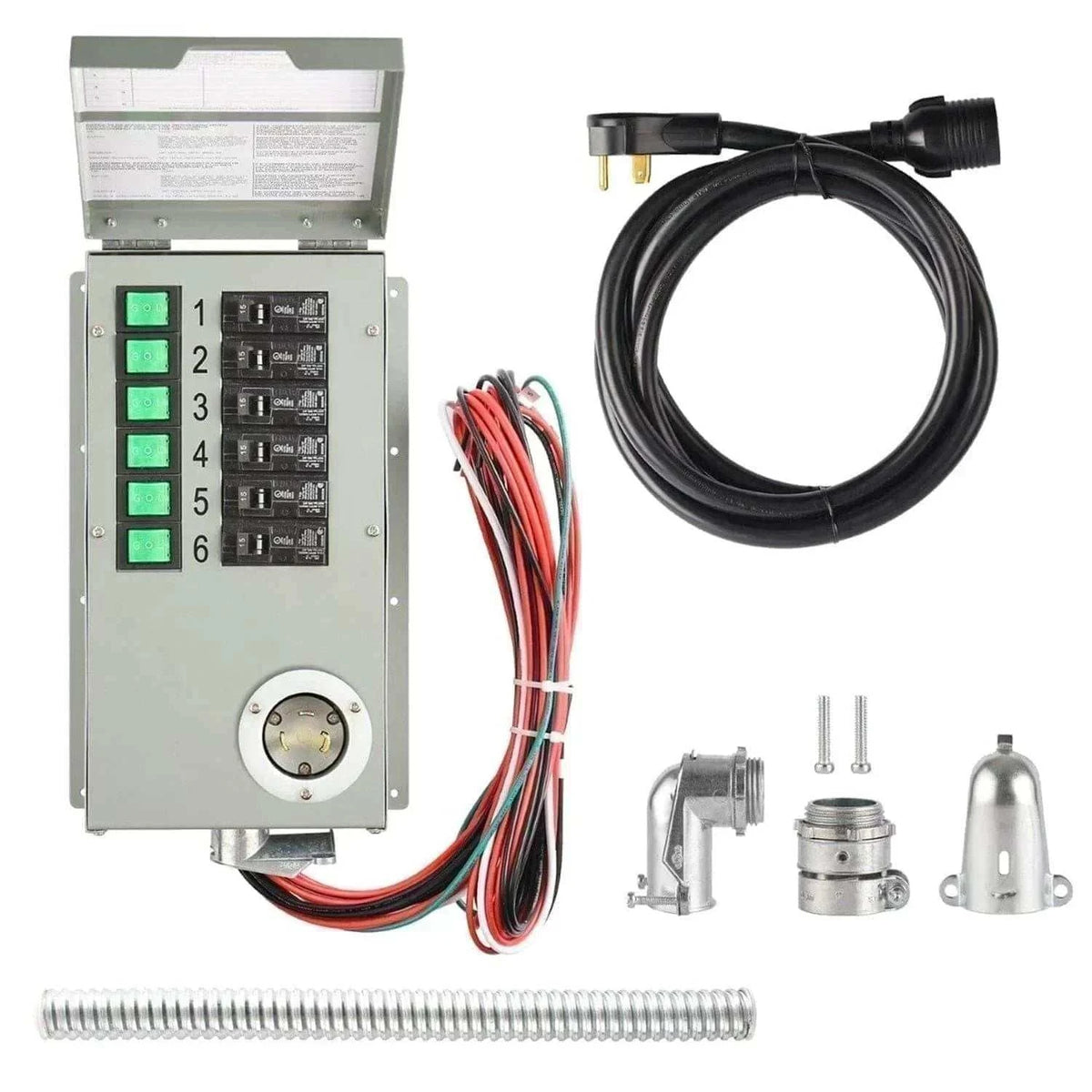 home backup system 6 circuit transfer switch with metal enclosure, six switches, wiring, power cable, and metal connectors