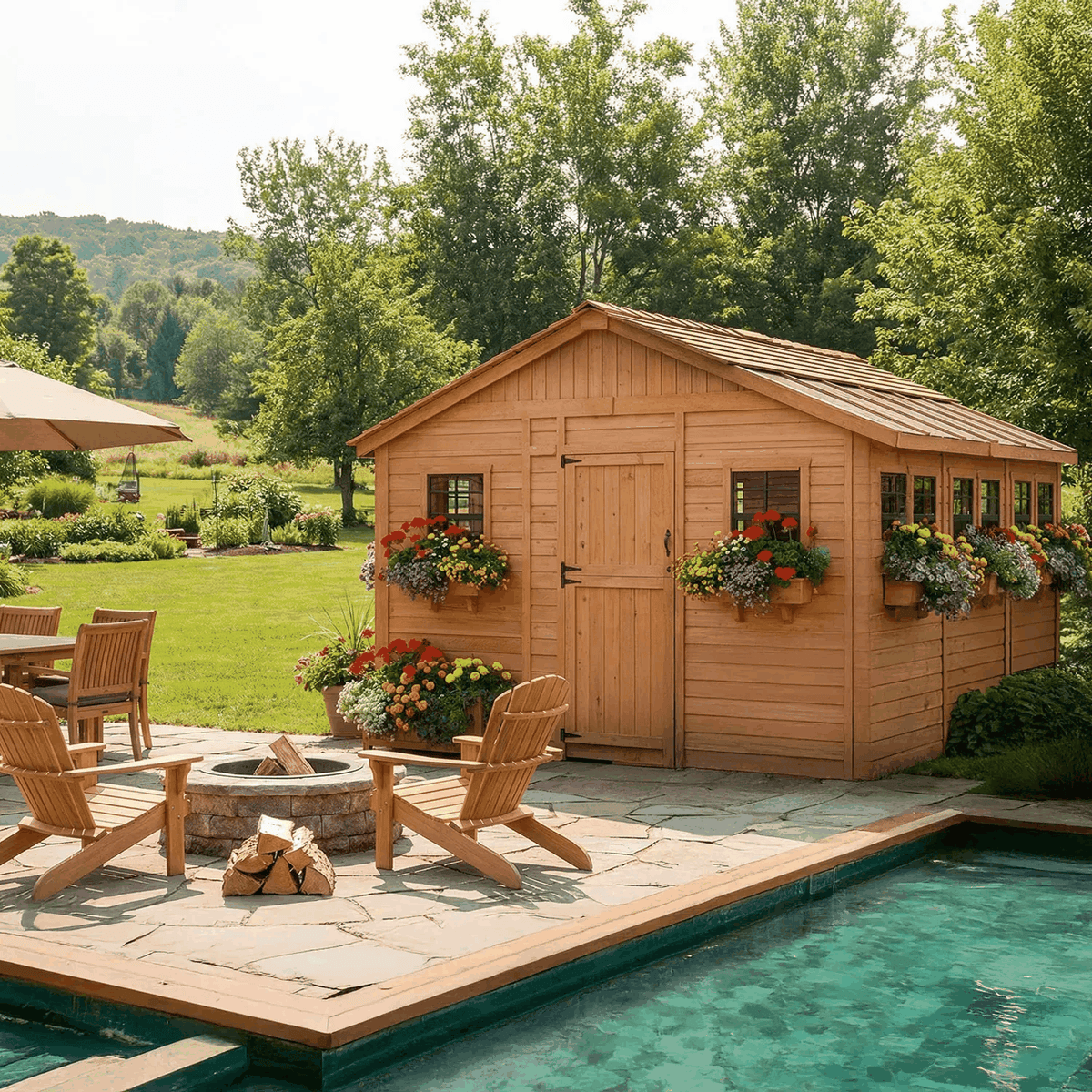 Garden shed with Metal Roof, natural Western red cedar siding, Dutch door, windows, and colorful flower boxes