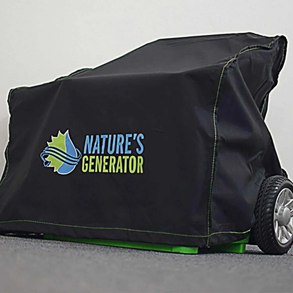 Nature's Generator Cover in black polyester with green stitching, logo, and fitted shape for a portable generator
