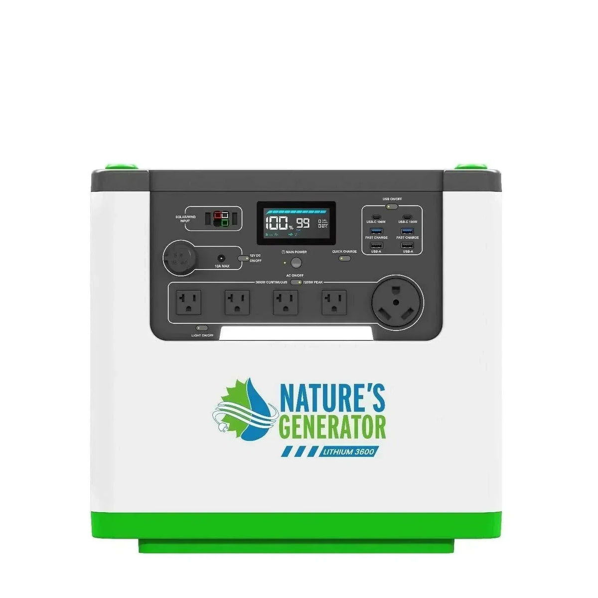 Portable white and green power generator with digital display, multiple AC outlets, USB ports, and labeled controls, Nature's Generator Lithium 3600.