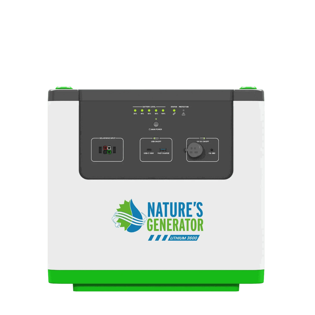 Nature's Generator Lithium 3600 white and green power station with black control panel, LED indicators, and multiple ports on front.