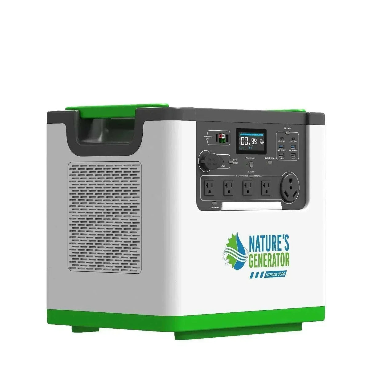 Portable white and green power station with multiple outlets, USB ports, and digital display, Nature's Generator Lithium 3600