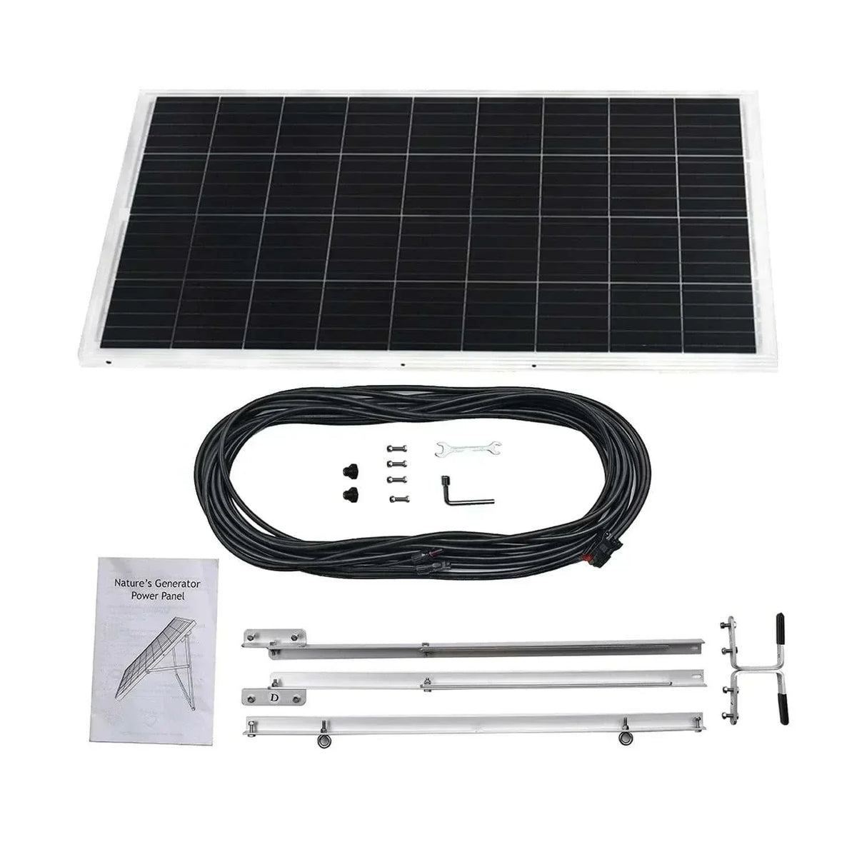 Solar panel kit with black photovoltaic cells and silver frame, includes mounting hardware, cables, and instruction manual for Nature's Generator Lithium 3600.