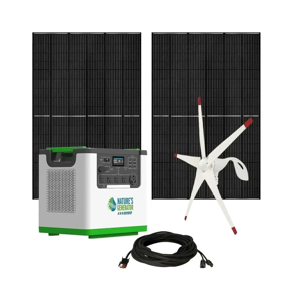 Nature's Generator Lithium 3600 portable power station with dual black solar panels, white wind turbine, and connecting cable kit.