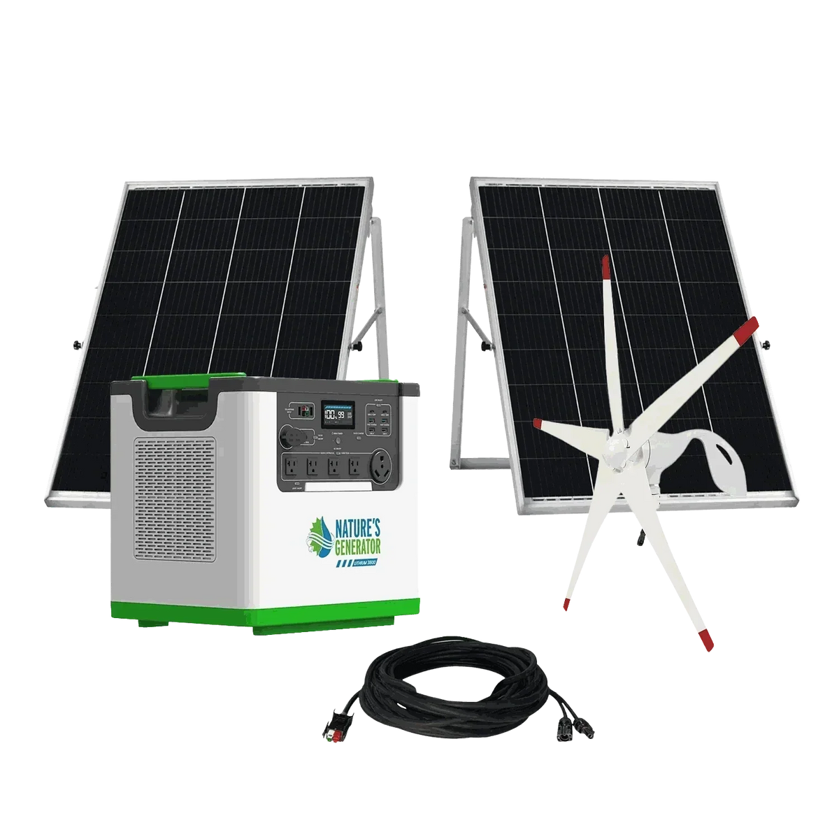 Nature's Generator Lithium 3600 portable power station with dual black solar panels, white wind turbine, and connection cable kit