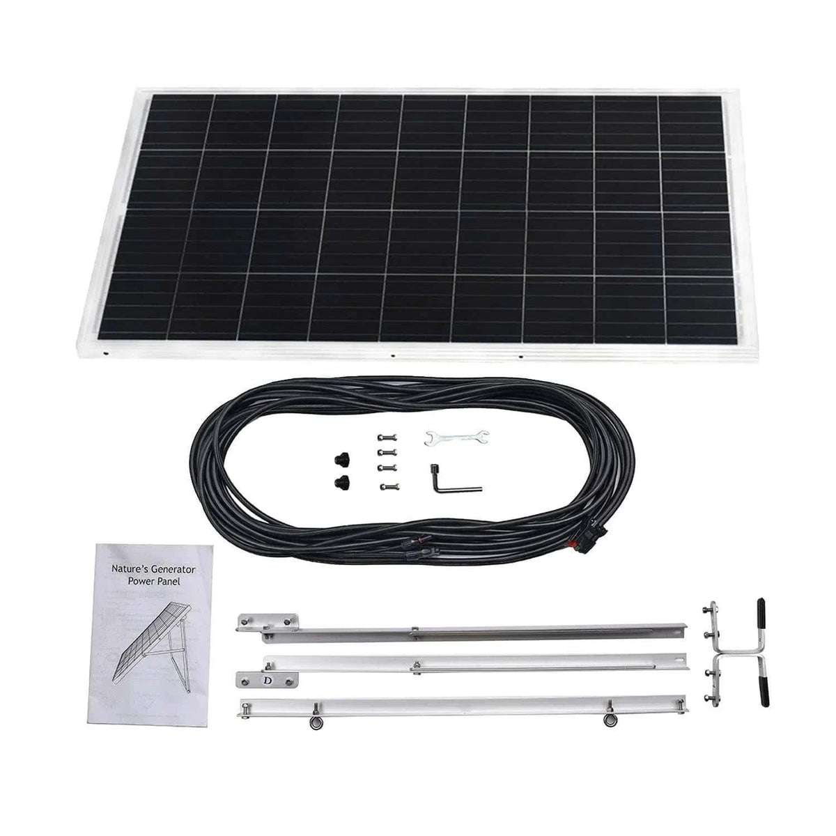 Nature's Generator Lithium 3600 410W monocrystalline solar panel with mounting kit, cables, and manual laid out on white background