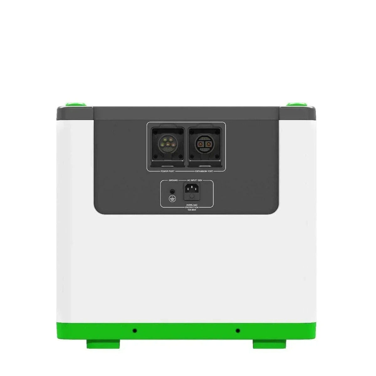 Portable rectangular power generator with white and gray casing, green base and top edges, showing input and output ports, Nature's Generator Lithium 3600.