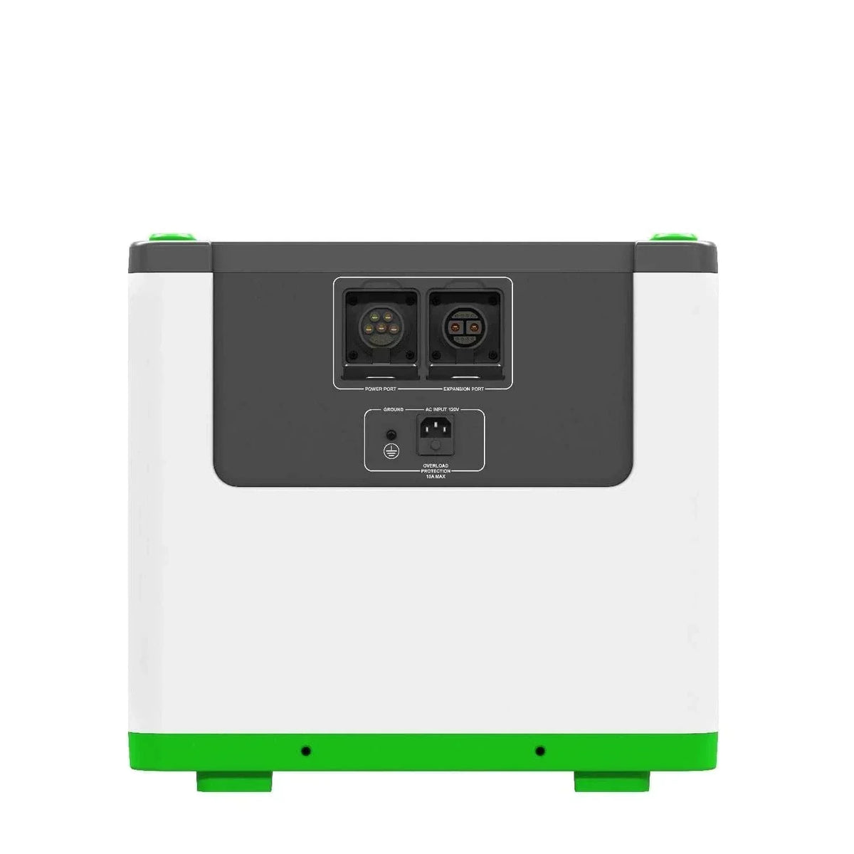 Nature's Generator Lithium 3600 portable power station with white and green plastic casing and multiple input/output ports on the front panel.