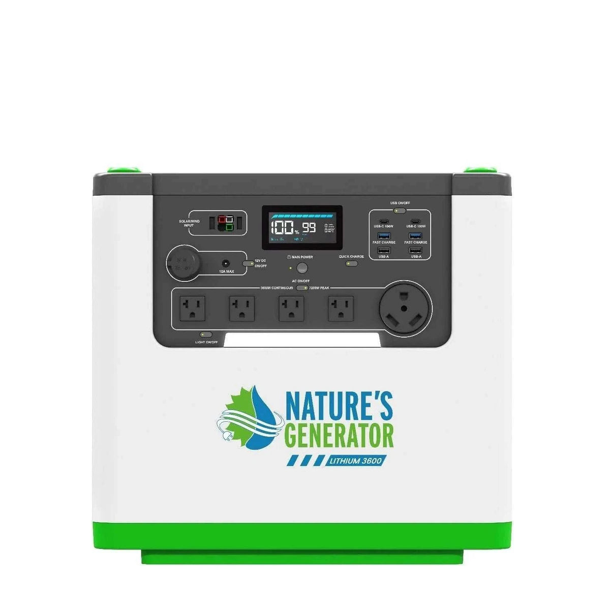 Nature's Generator Lithium 3600 portable power station with white and green casing, multiple outlets, USB ports, and digital display panel