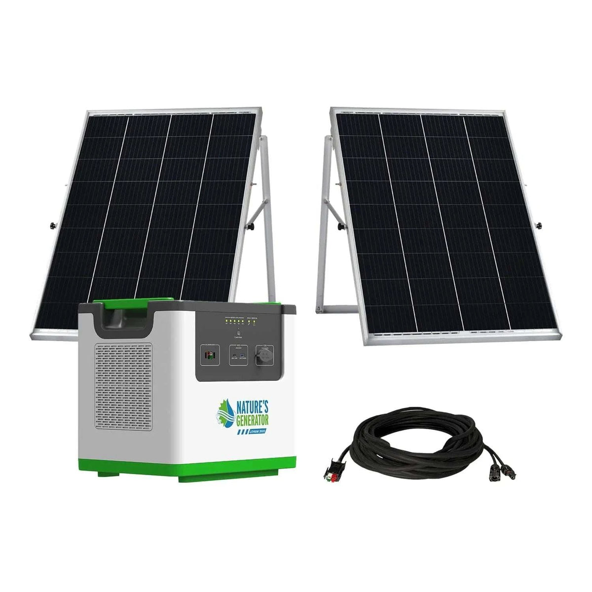 Portable gray and green power station with two black framed solar panels and a coiled cable, Nature's Generator Lithium 3600 system.