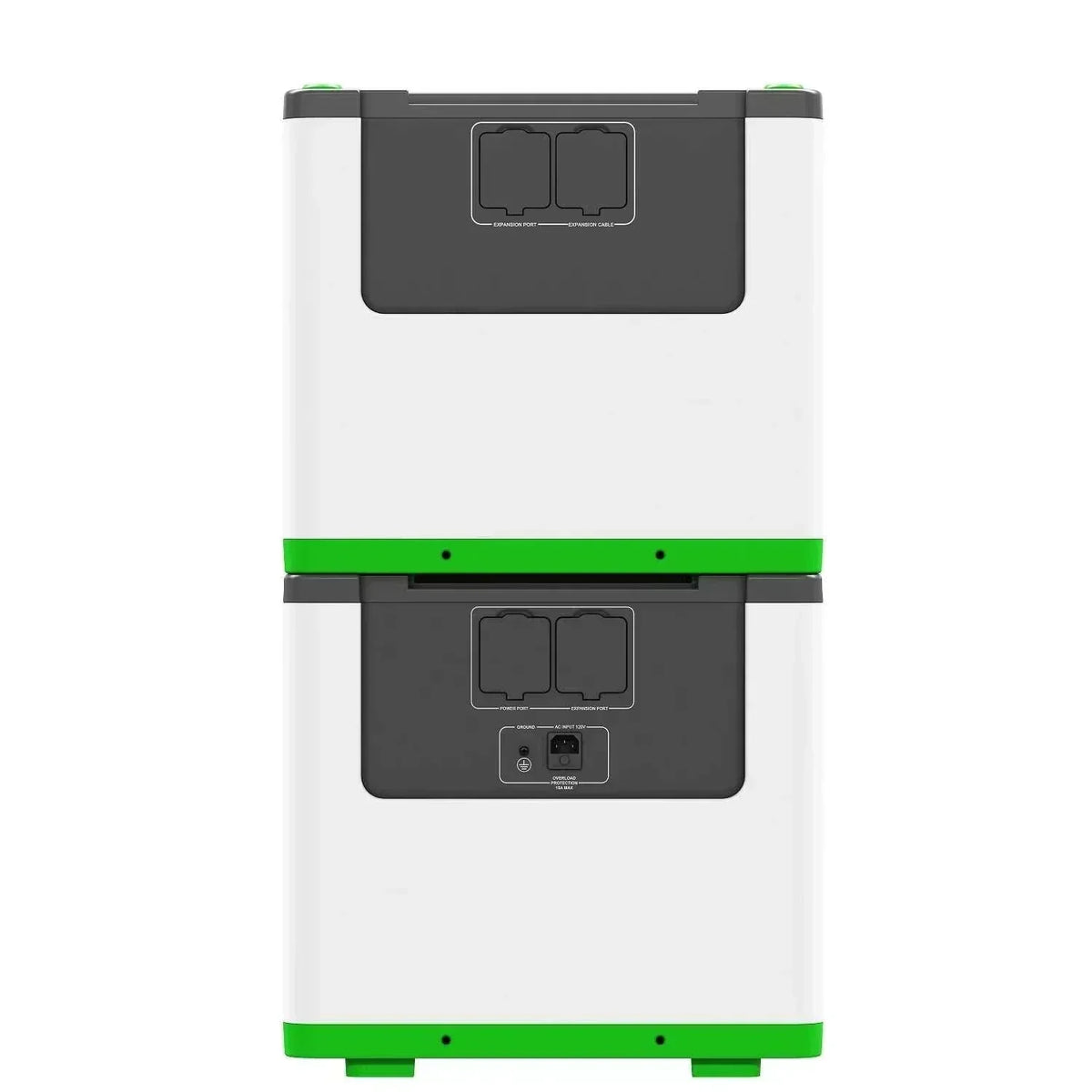 Stacked white and black portable power generator units with green accents and multiple connection ports, Nature's Generator Lithium 3600.