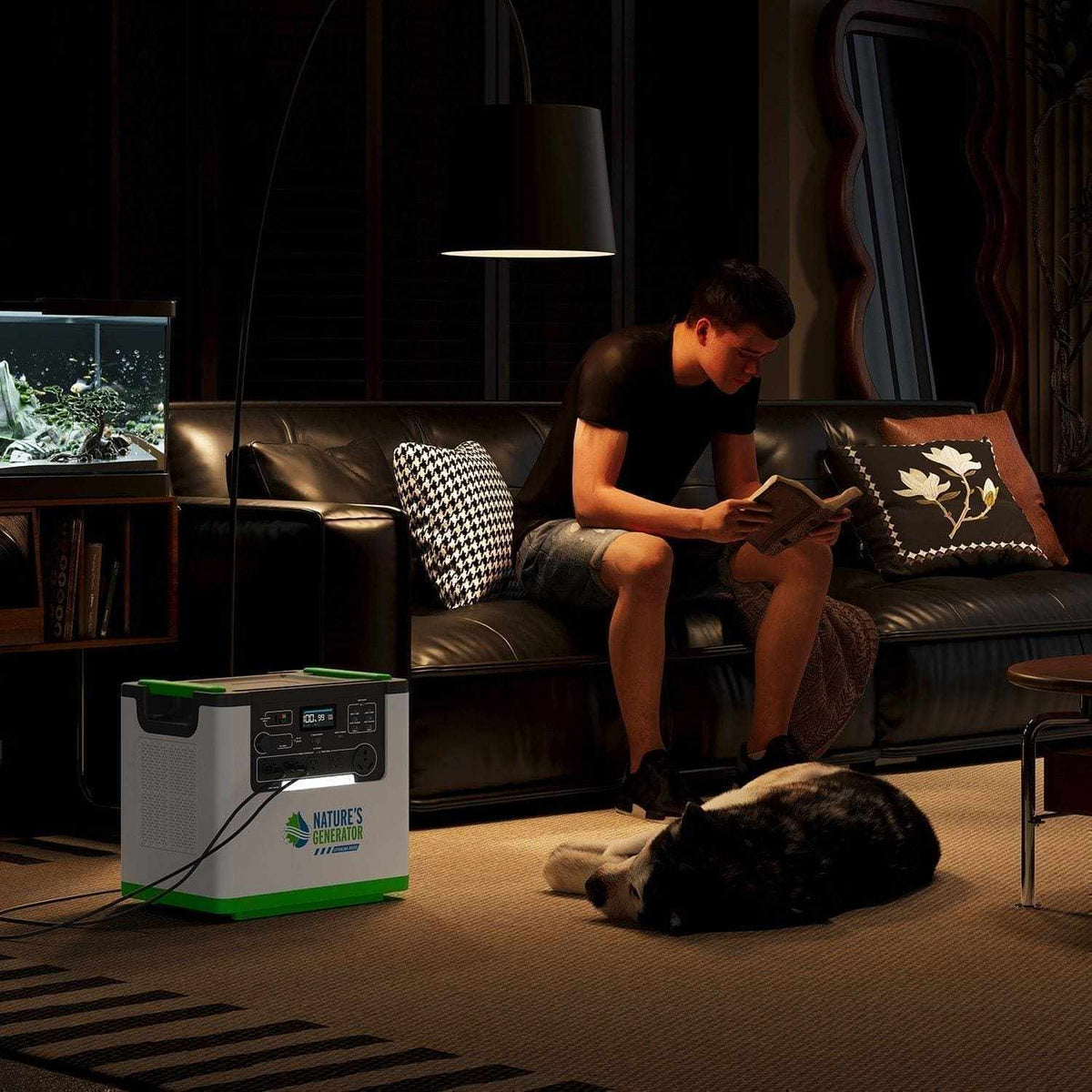Nature's Generator Lithium 3600 Power Station in white and green with digital display and multiple ports for home backup power use.