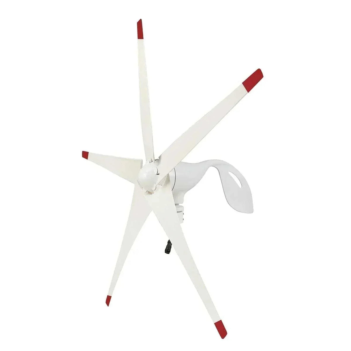 White wind turbine with five angled blades featuring red tips and a curved mounting bracket, part of Nature's Generator Lithium 3600 system