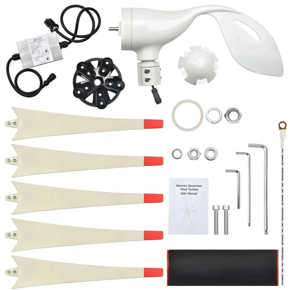 Wind turbine kit parts including white blades, white turbine housing, black mounting bracket, metal tools and fasteners, and a user manual for Nature's Generator Lithium 3600.