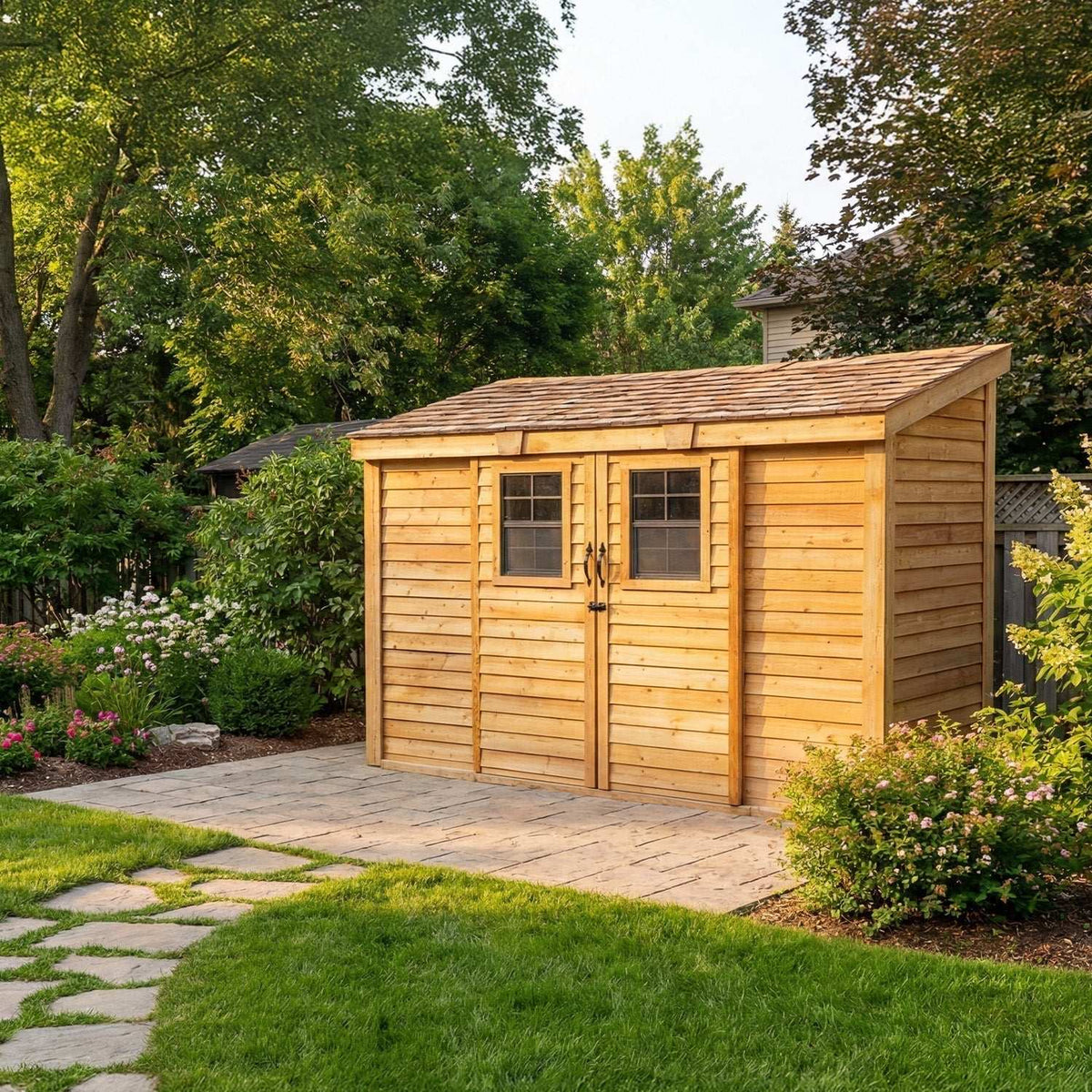 Outdoor Storage cedar garden shed with natural wood siding, double doors, windows, and sloped shingle roof