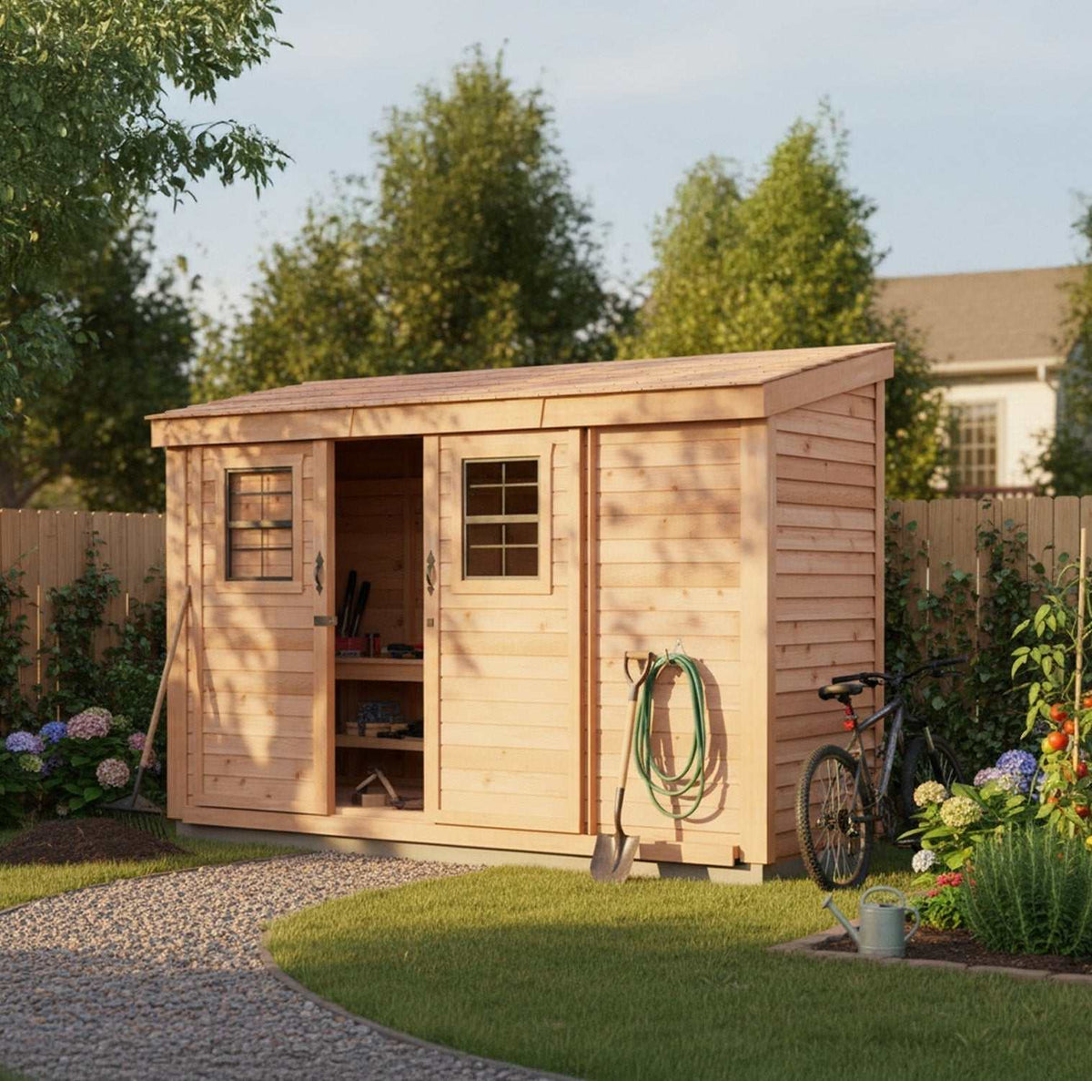 Outdoor Storage cedar garden shed with natural wood siding, two sliding doors, windows, and lean-to roof