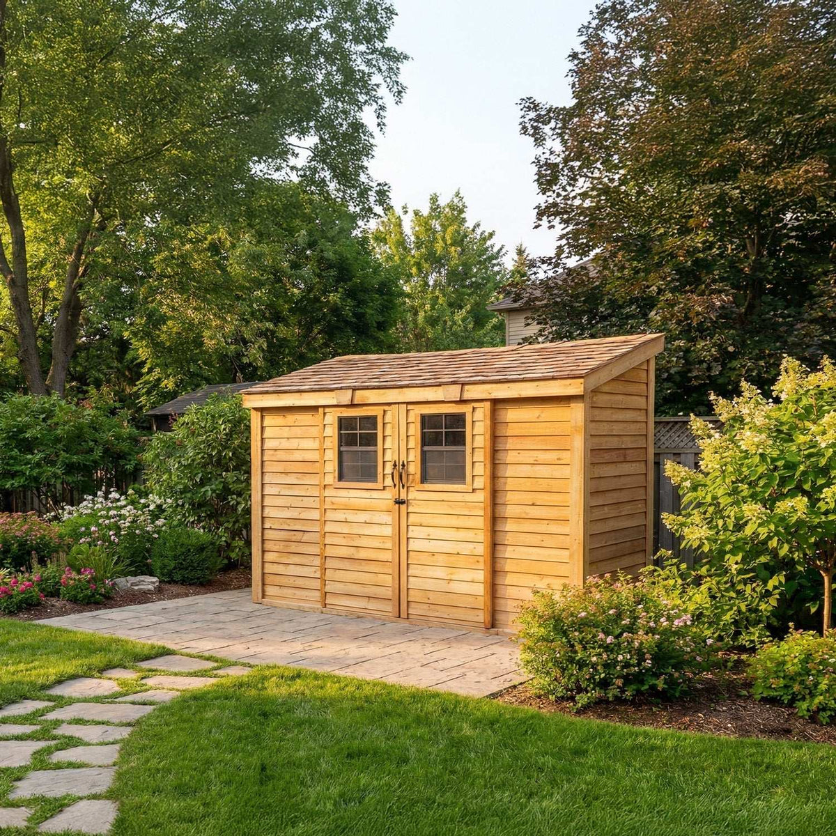 Outdoor Storage cedar shed with warm wood siding, shingle roof, double doors, and two windows