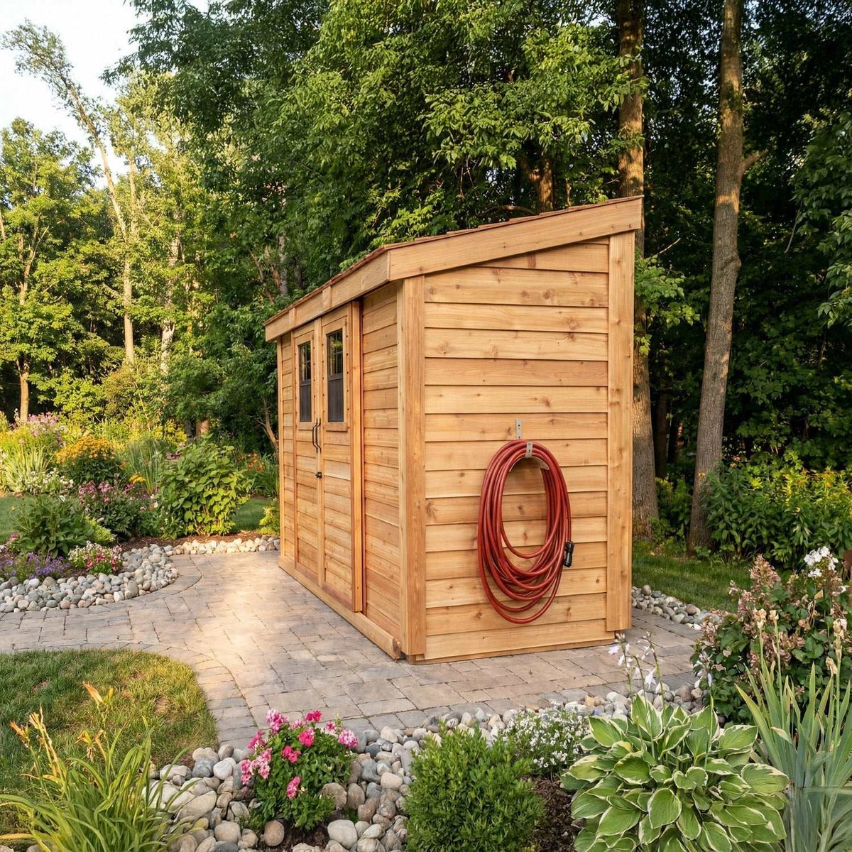 Outdoor Storage cedar shed with natural wood siding, sloped roof, windows, and a coiled hose