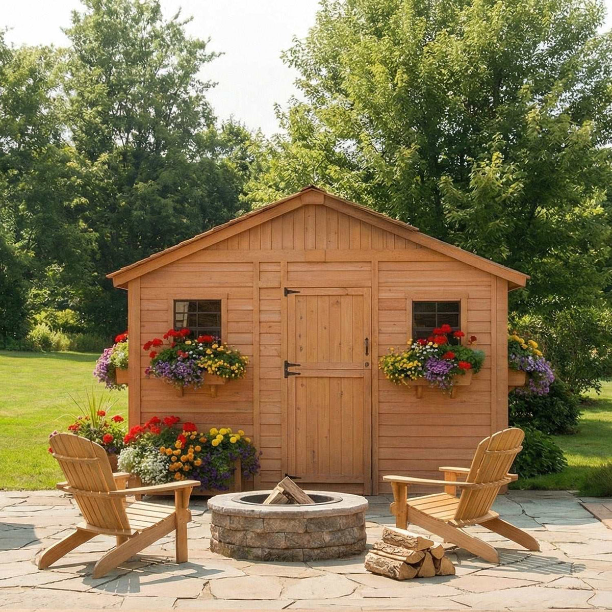 Garden shed with Polygal roof panels, natural cedar wood siding, gabled roof, Dutch door, and flower boxes