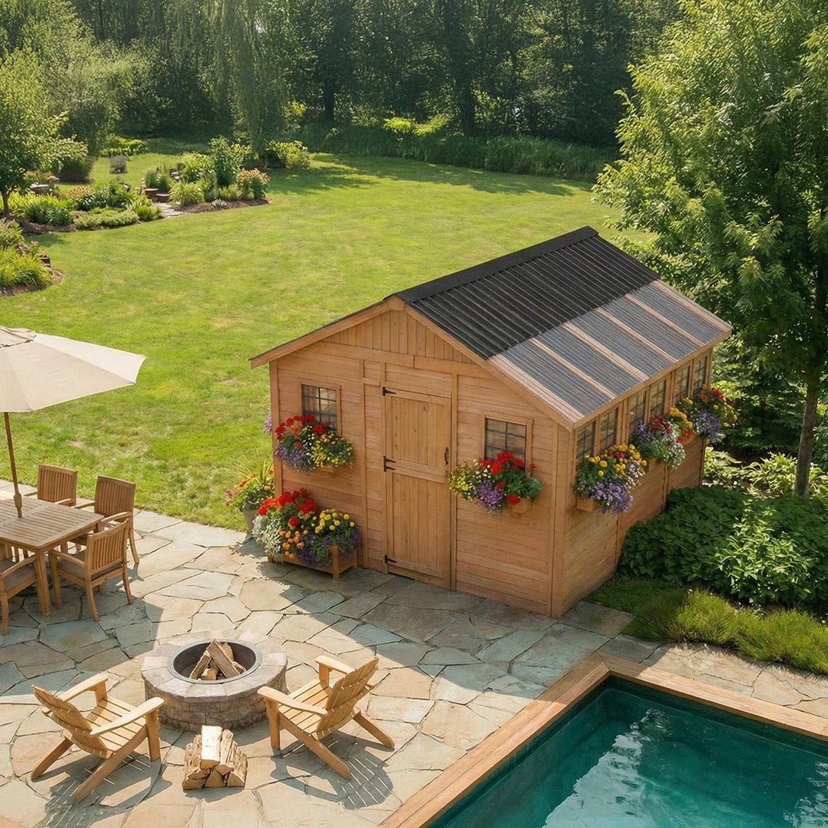 Cedar garden shed with Polygal roof panels, wooden Dutch door, dark roof, windows, and colourful flower boxes