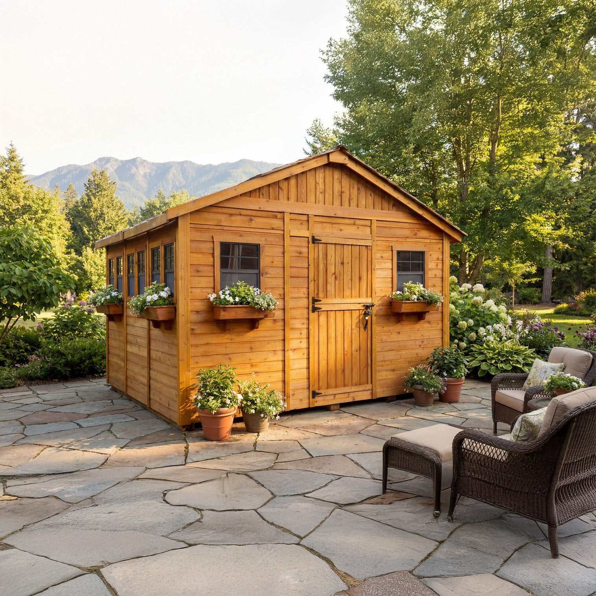 Cedar garden shed with Dutch door, flower boxes, windows, and Polygal roof panels