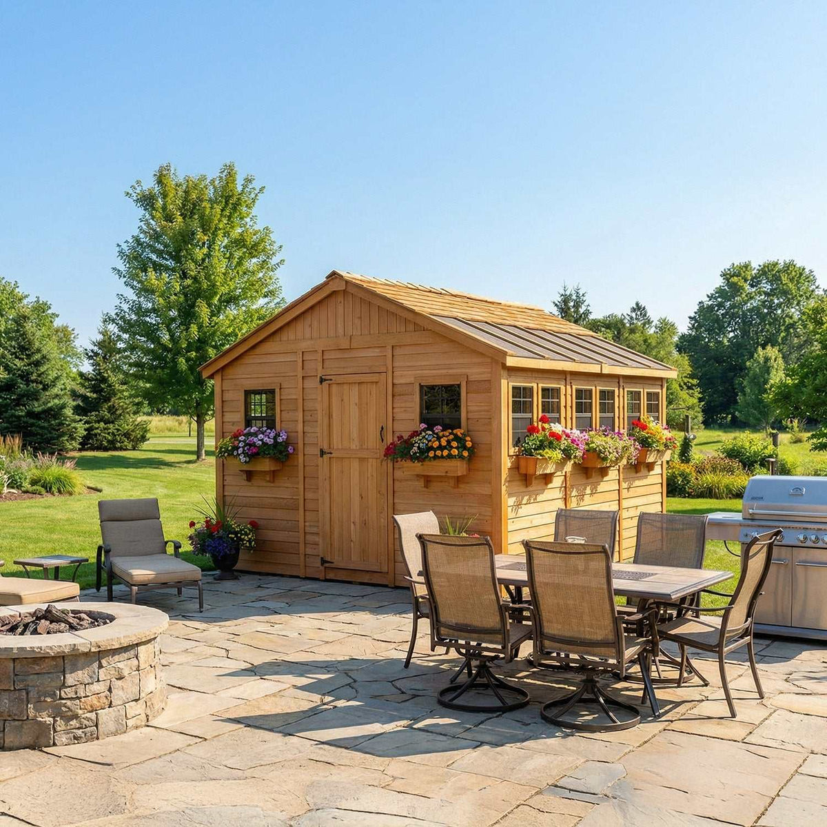 Cedar garden shed with natural wood siding, gabled roof, Dutch door, windows, and flower boxes, featuring Polygal roof panels