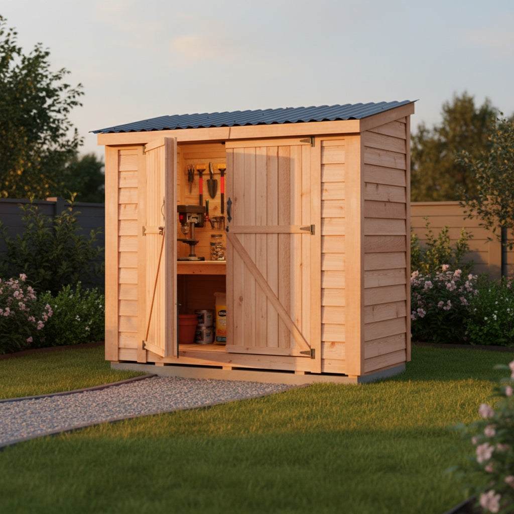 Outdoor cedar storage shed with double doors, natural wood siding, and corrugated metal roof in Reversible Roof Design
